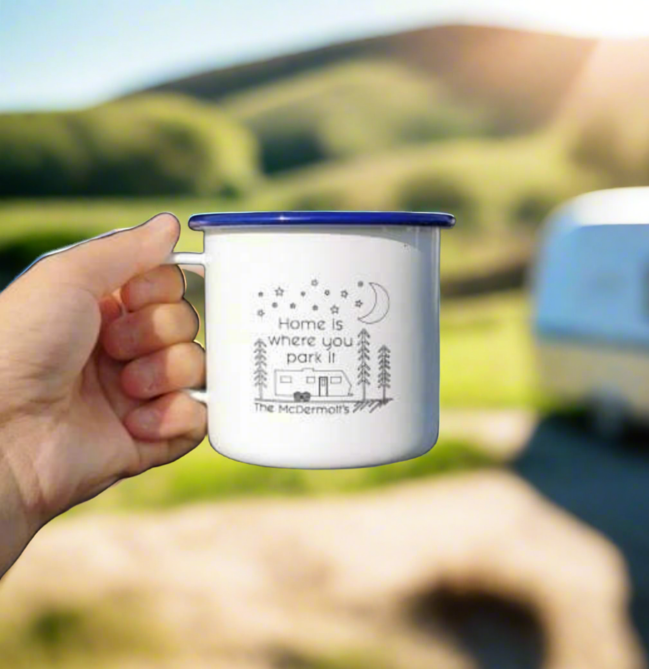 Home is Where You Park It - Engraved Enamel Mug - One Mama One Shed