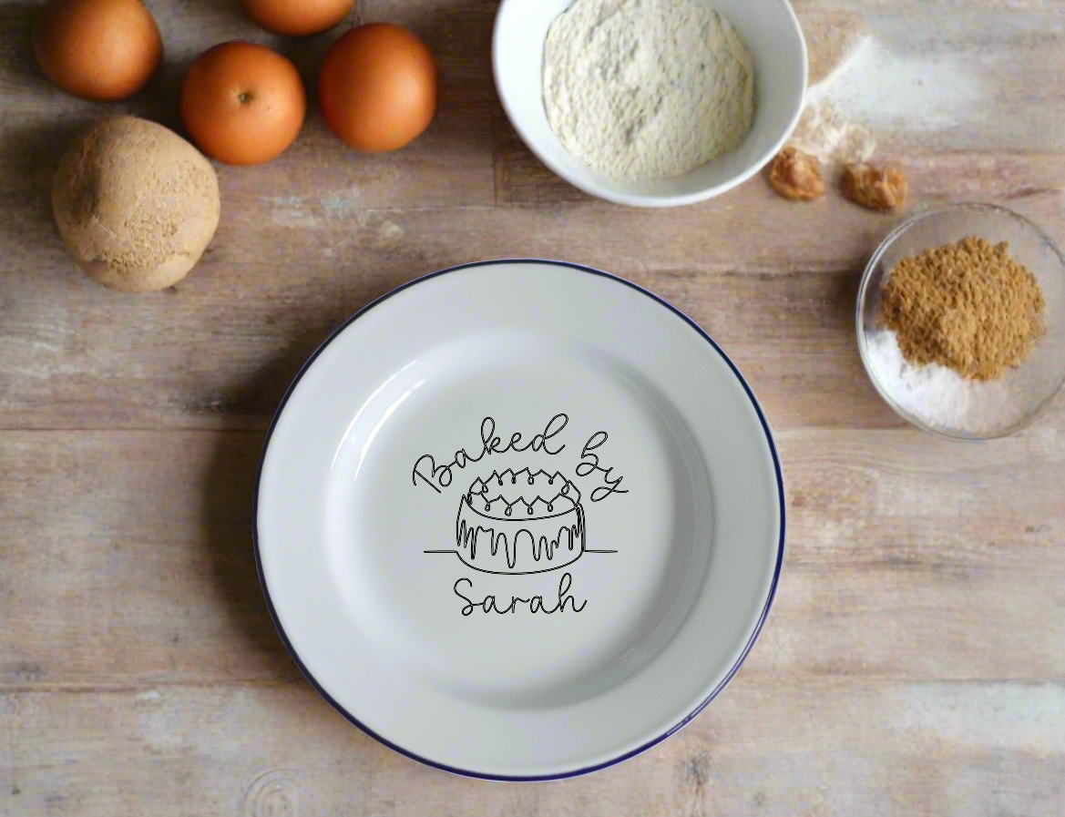 Cake Plate - Engraved Enamel Plate - One Mama One Shed