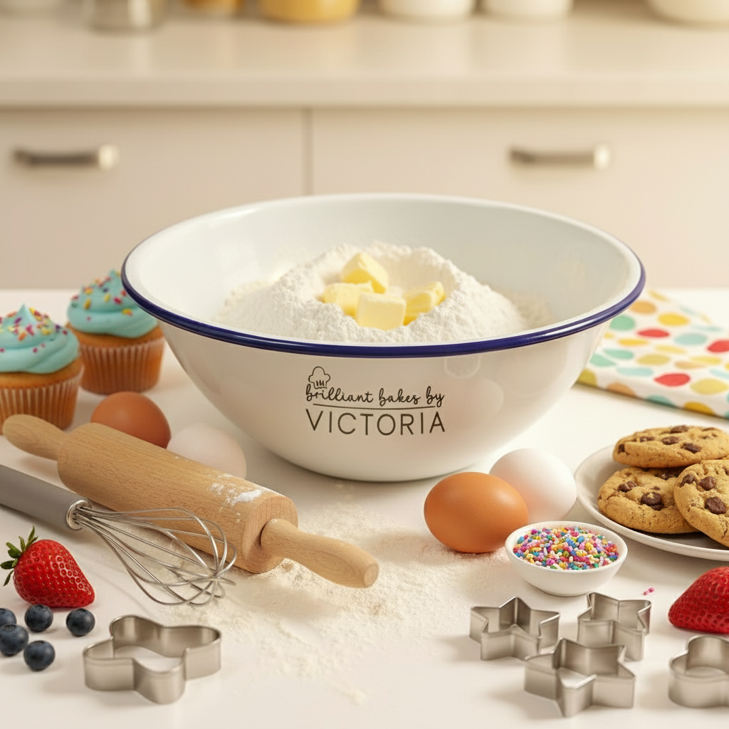 White bowl with blue rim and 'Brilliant Bakes by Victoria' text on a white background