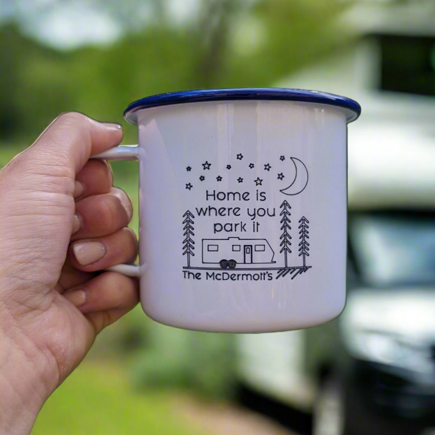 Home is Where You Park It - Engraved Enamel Mug - One Mama One Shed