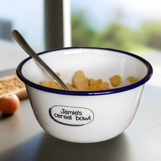 Personalised Cereal Bowl - Engraved Enamel Breakfast Bowl - One Mama One Shed