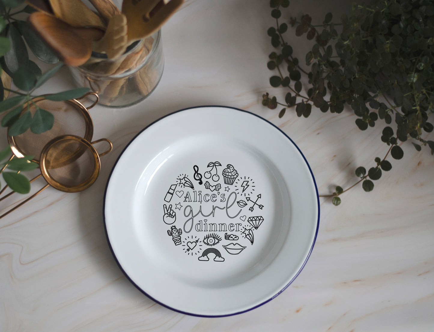 Girl Dinner Plate - Engraved Enamel Plate - One Mama One Shed