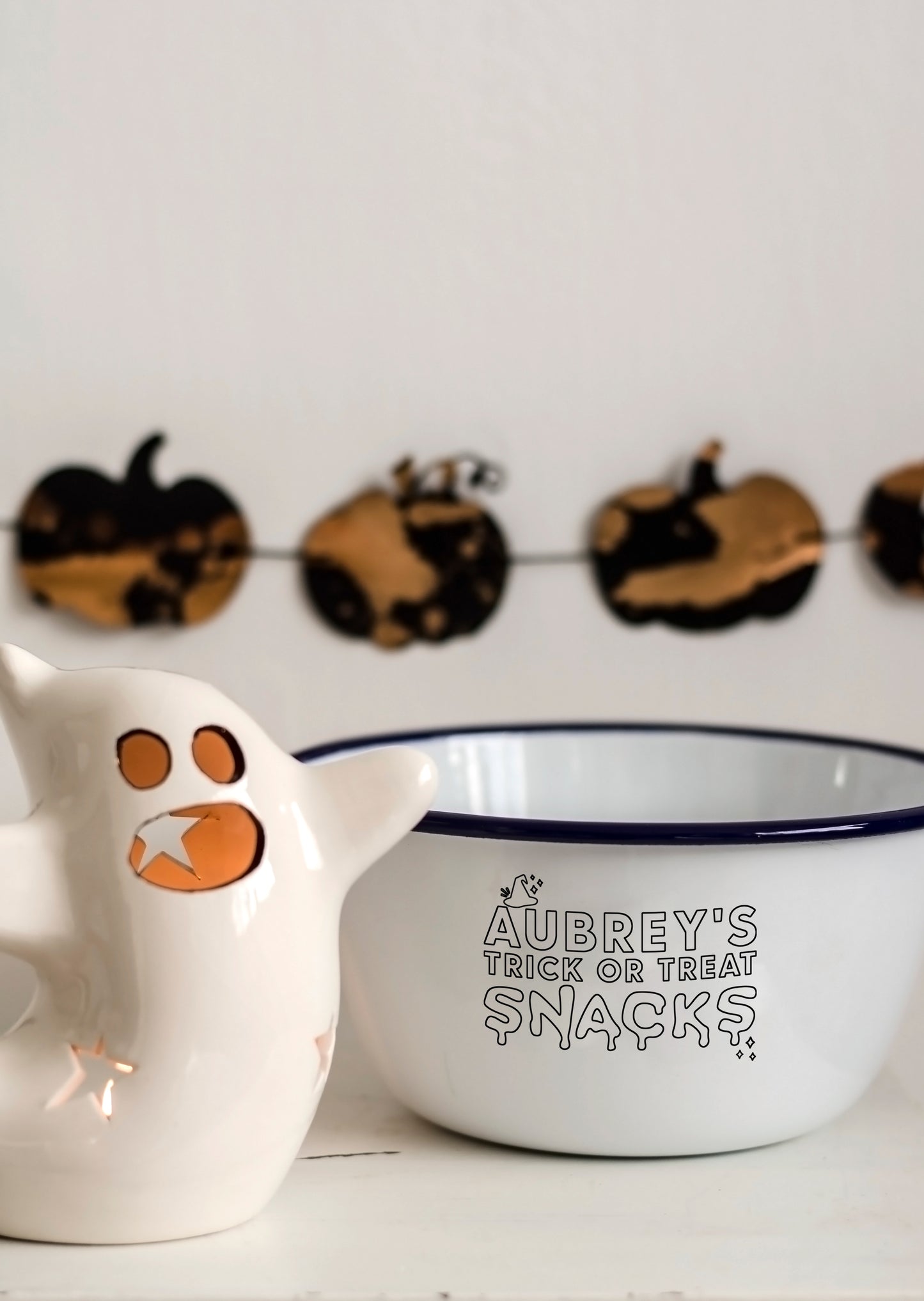 Personalised Trick or Treat Snacks - Engraved Enamel Bowl - One Mama One Shed