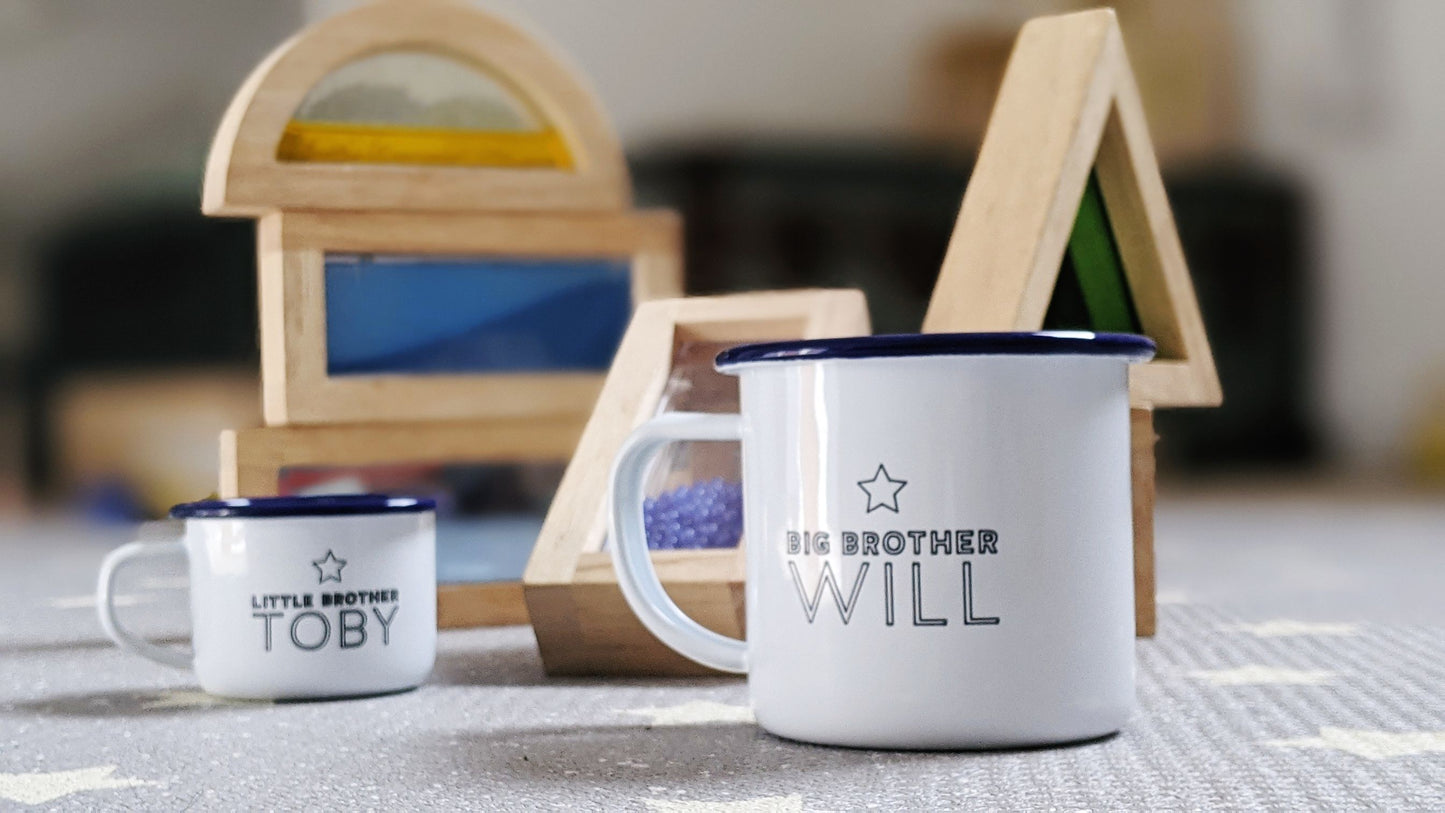 Personalised Brother and Sister - Engraved Enamel Mugs - One Mama One Shed