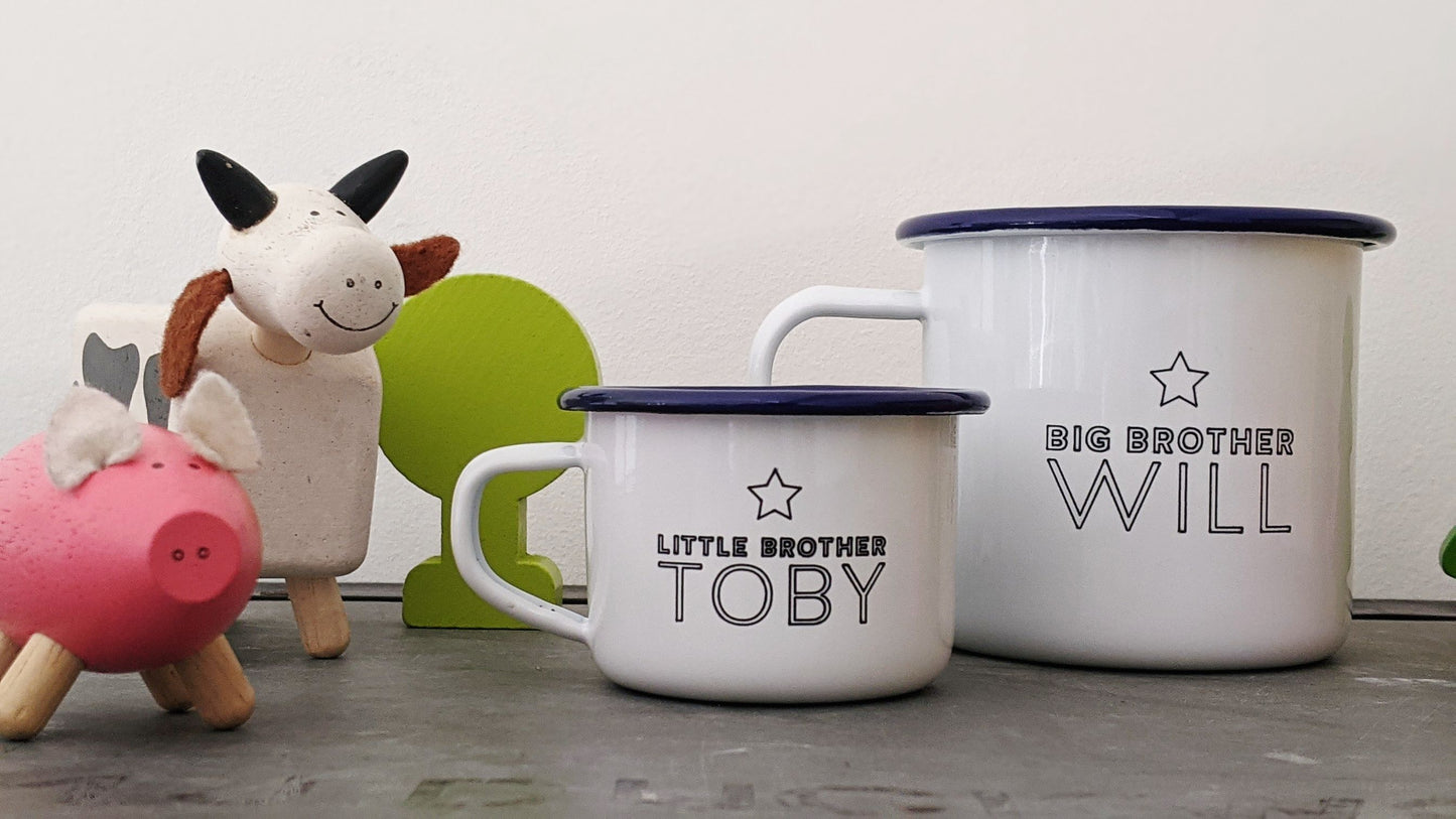Personalised Brother and Sister - Engraved Enamel Mugs - One Mama One Shed