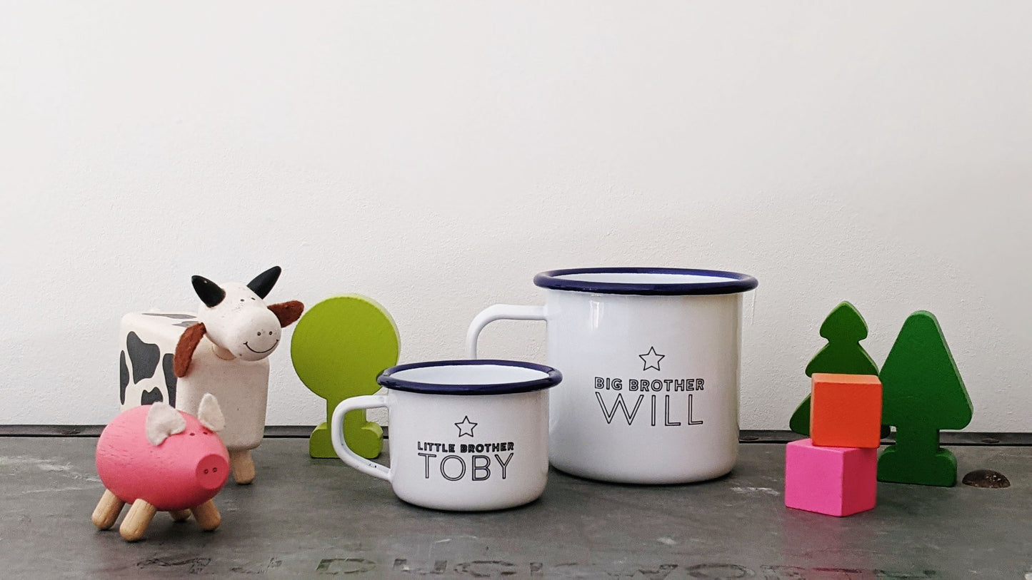 Personalised Brother and Sister - Engraved Enamel Mugs - One Mama One Shed