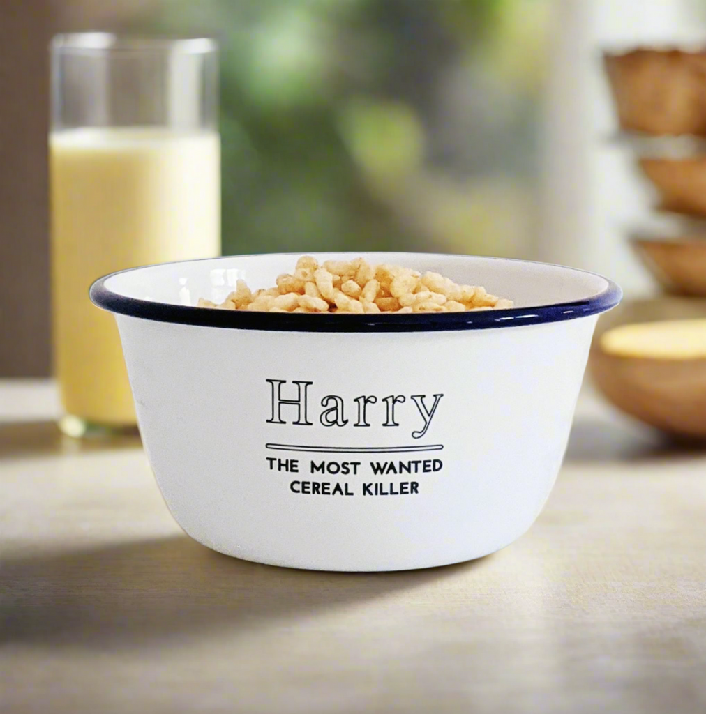 Personalised The Most Wanted Cereal Killer Engraved Enamel Breakfast