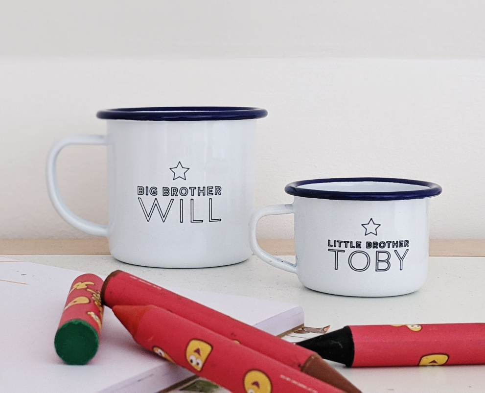 Personalised Brother and Sister - Engraved Enamel Mugs - One Mama One Shed
