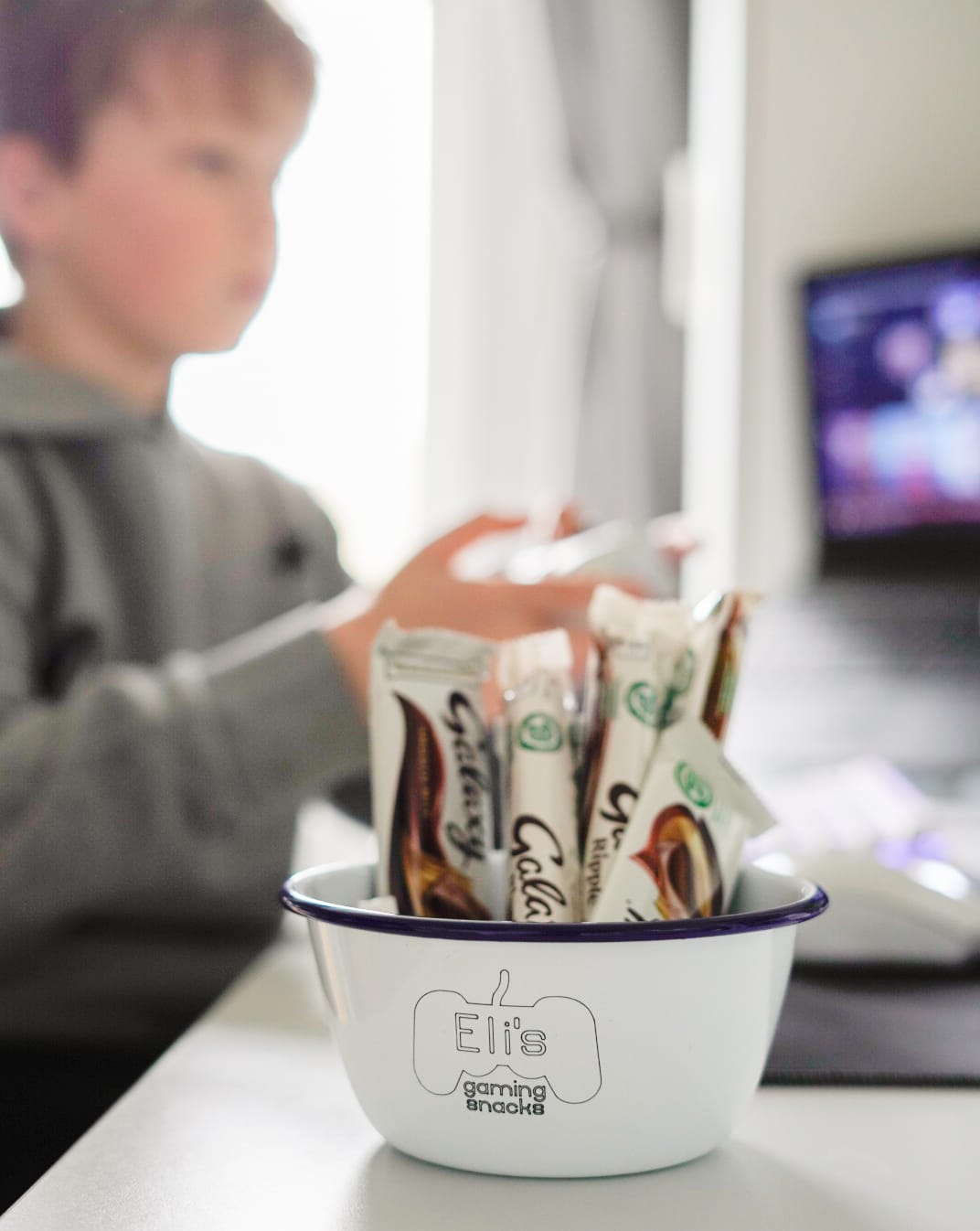 Personalised Gaming Snacks - Engraved Enamel Snack Bowl - One Mama One Shed