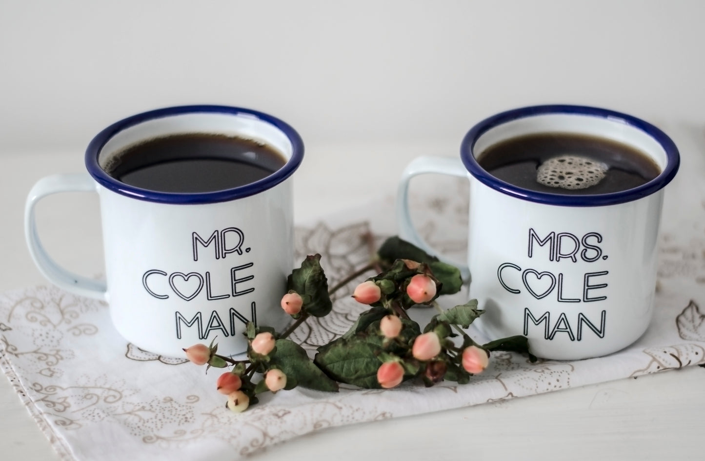 Mr and Mrs - Engraved Enamel Mugs - One Mama One Shed