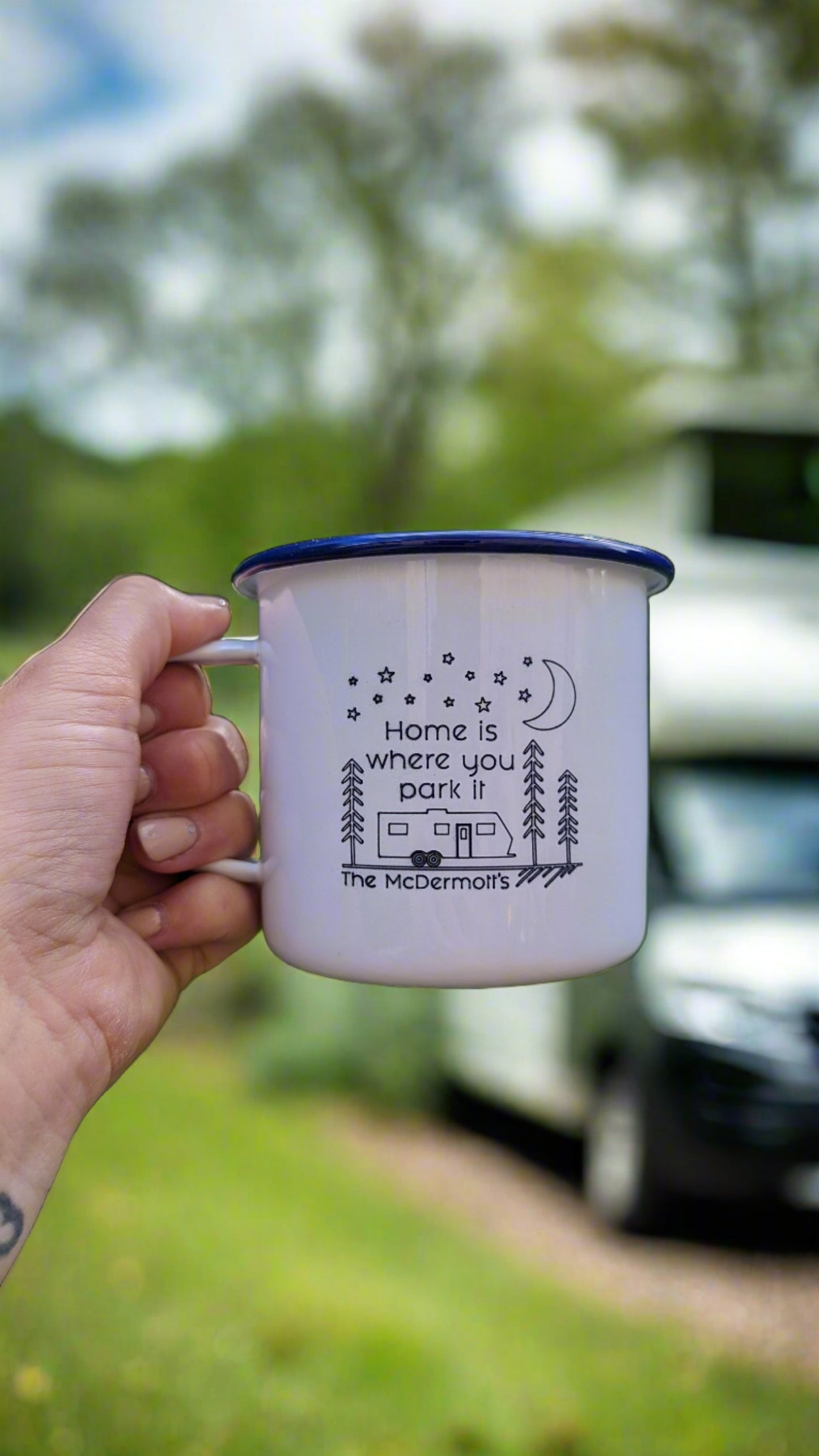 Home is Where You Park It - Engraved Enamel Mug - One Mama One Shed