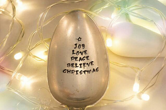 Christmas Tree - Joy Love Peace Believe Christmas - Hand Stamped Vintage Serving Spoon - One Mama One Shed