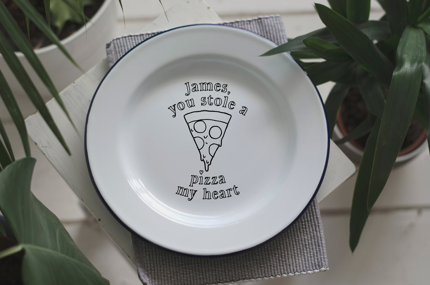Pizza Plate - Engraved Enamel Plate - One Mama One Shed