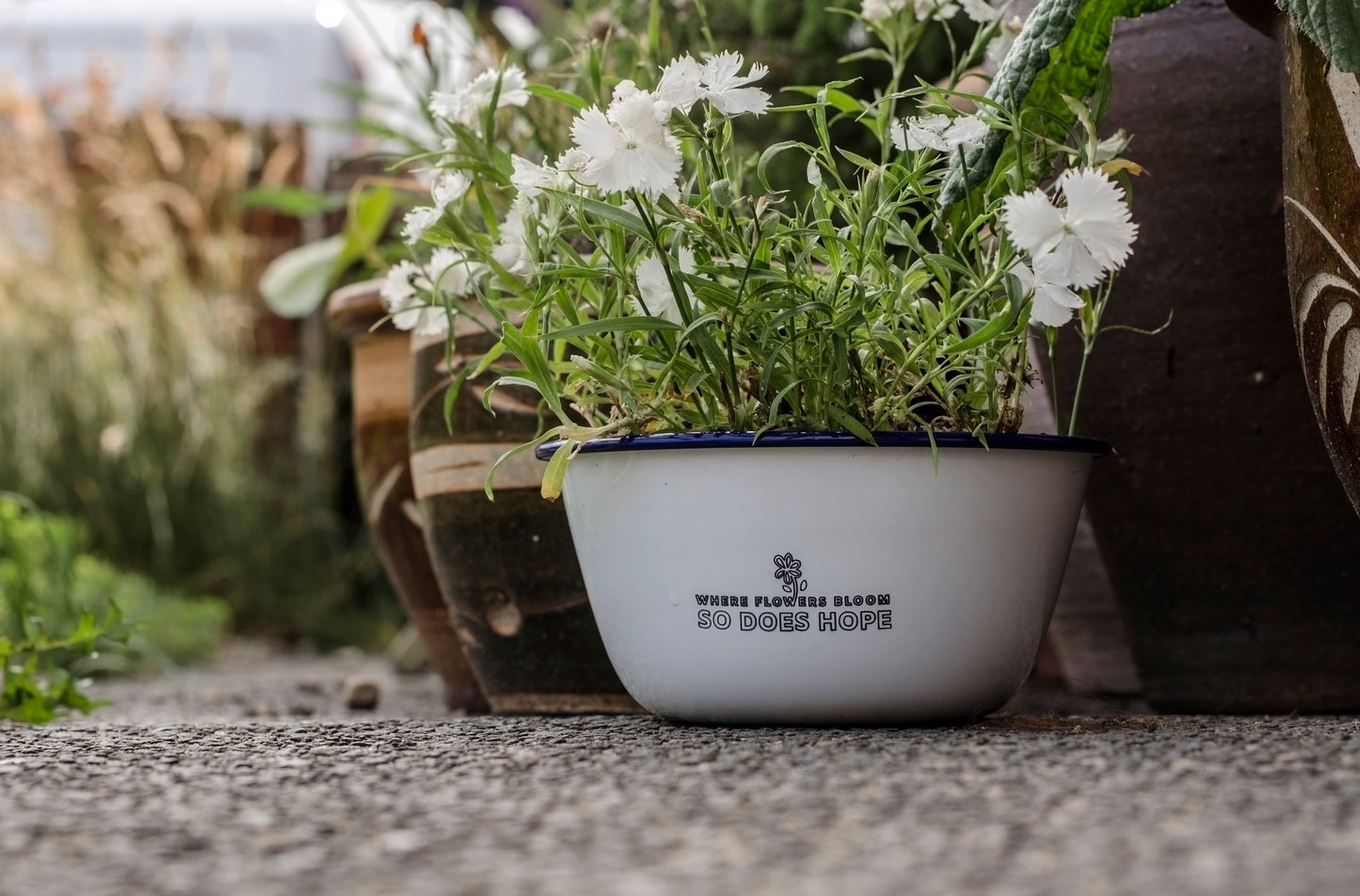 Where Flowers Bloom So Does Hope - Engraved Enamel Planter - One Mama One Shed