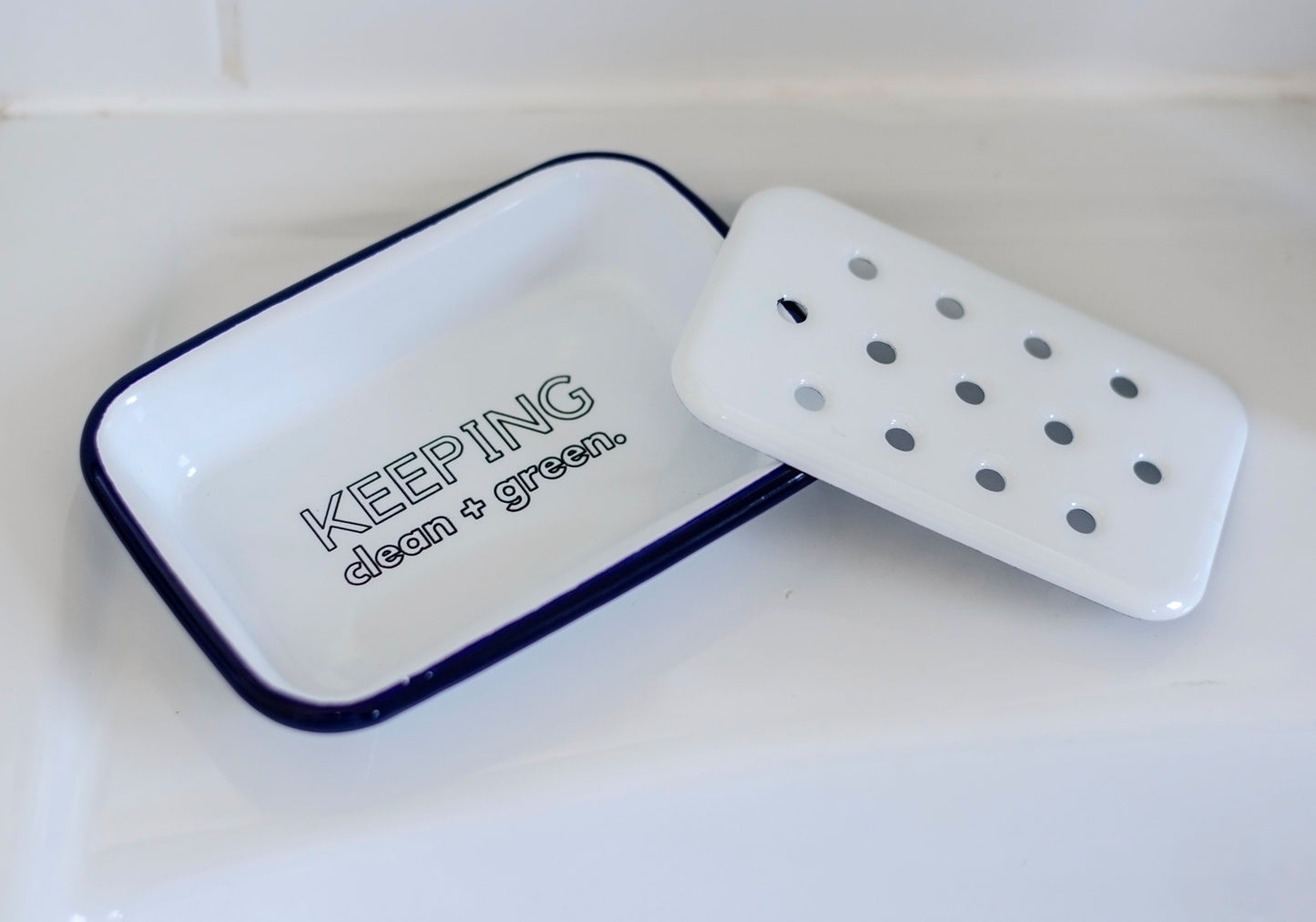 Keeping Clean + Green - Engraved Enamel Soap Dish - One Mama One Shed