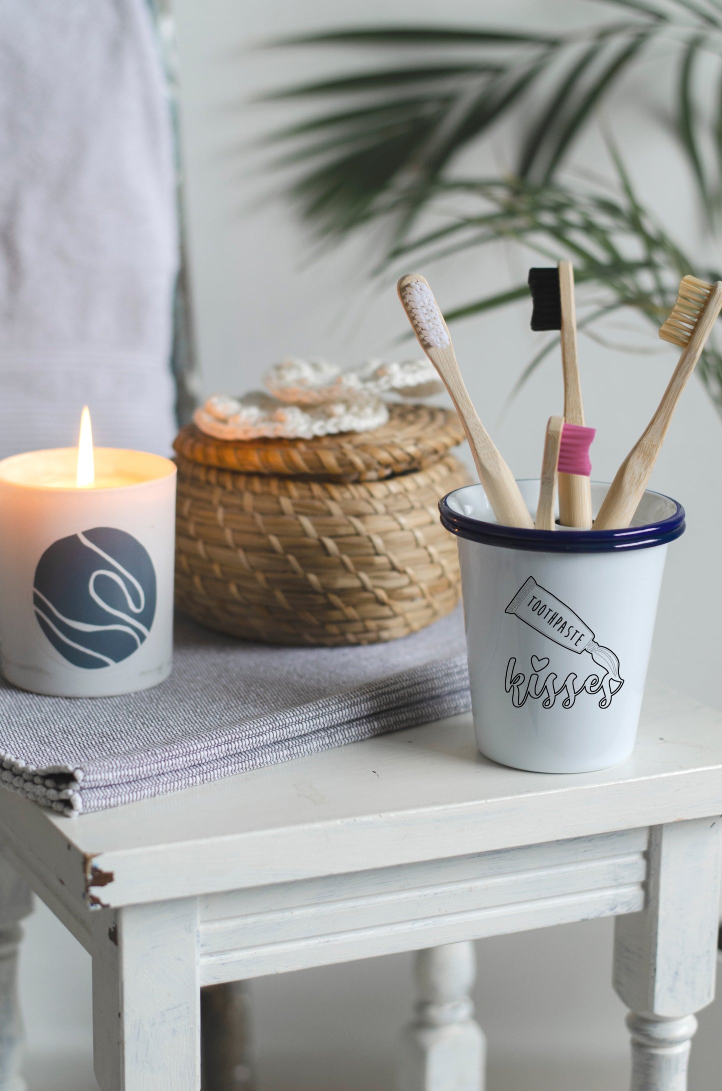 Toothpaste Kisses - Engraved Enamel Toothbrush Holder - One Mama One Shed