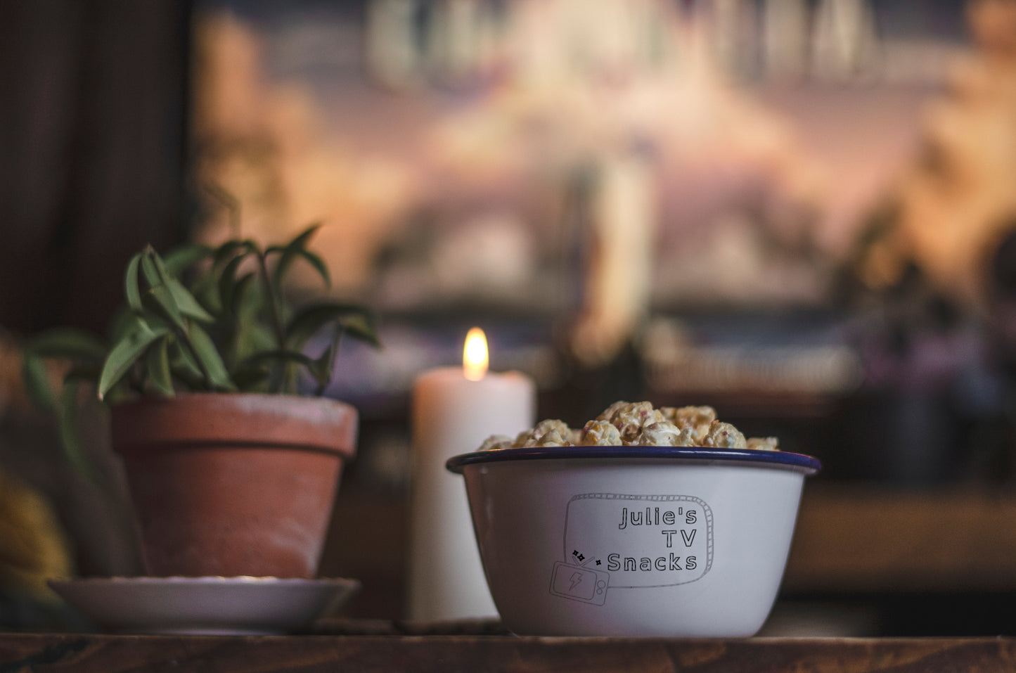 TV Snacks - Personalised Engraved Enamel Snack Bowl - One Mama One Shed