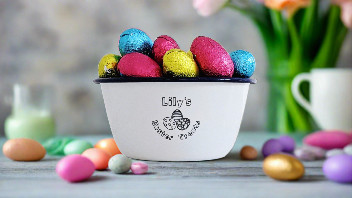 Personalised Easter Treats - Engraved Enamel Snack Bowl - One Mama One Shed