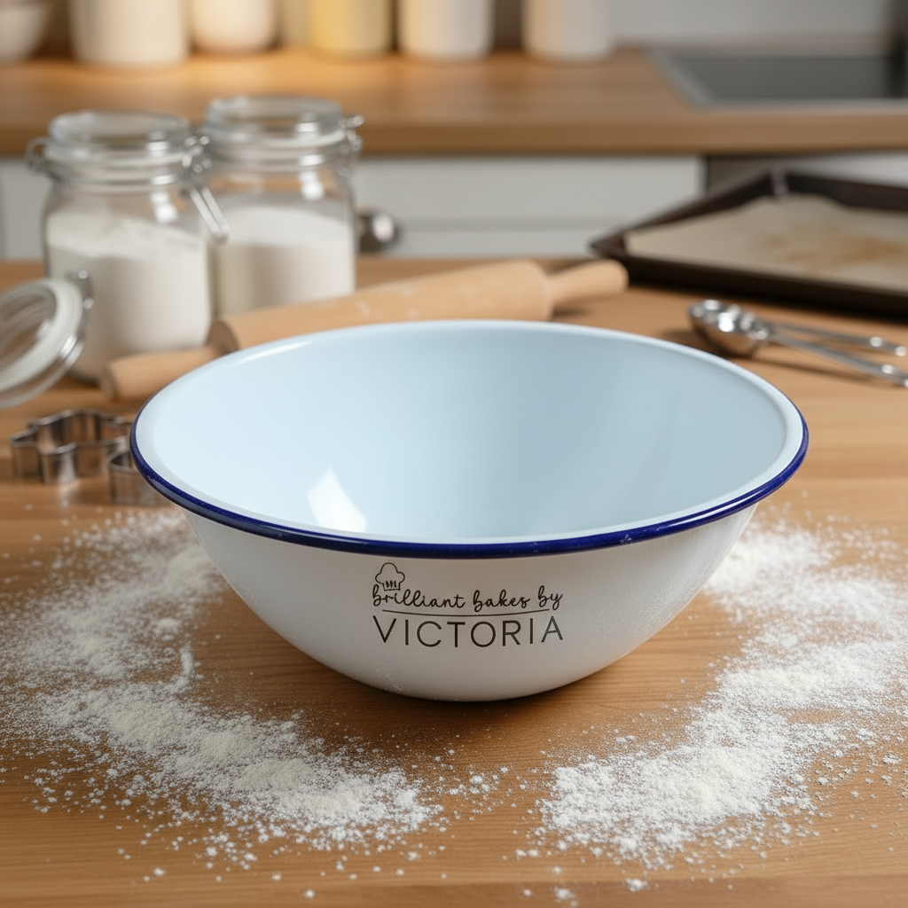 White bowl with blue rim on a wooden surface with baking ingredients