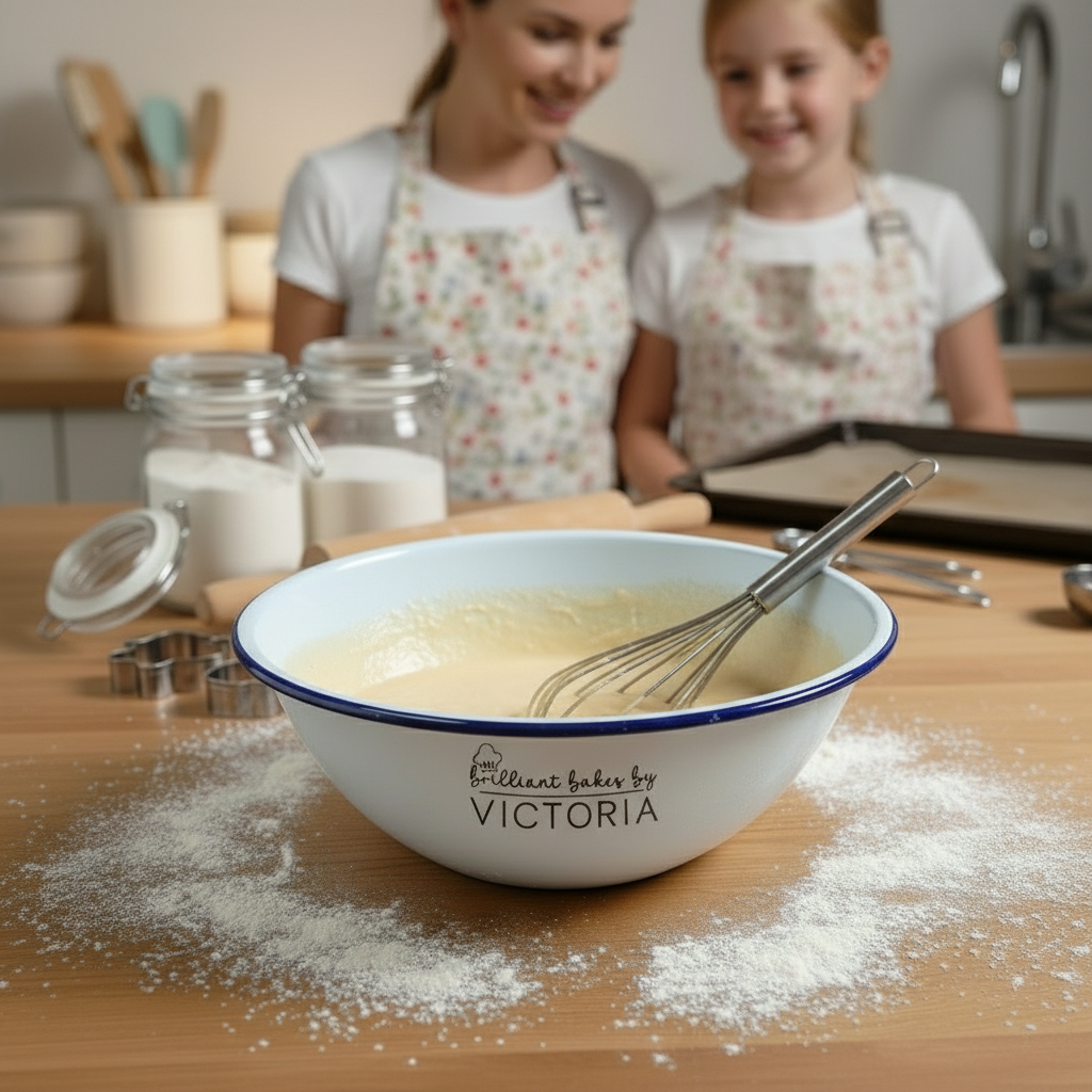Woman and child in aprons standing behind a bowl of batter with a whisk, on a wooden kitchen counter.