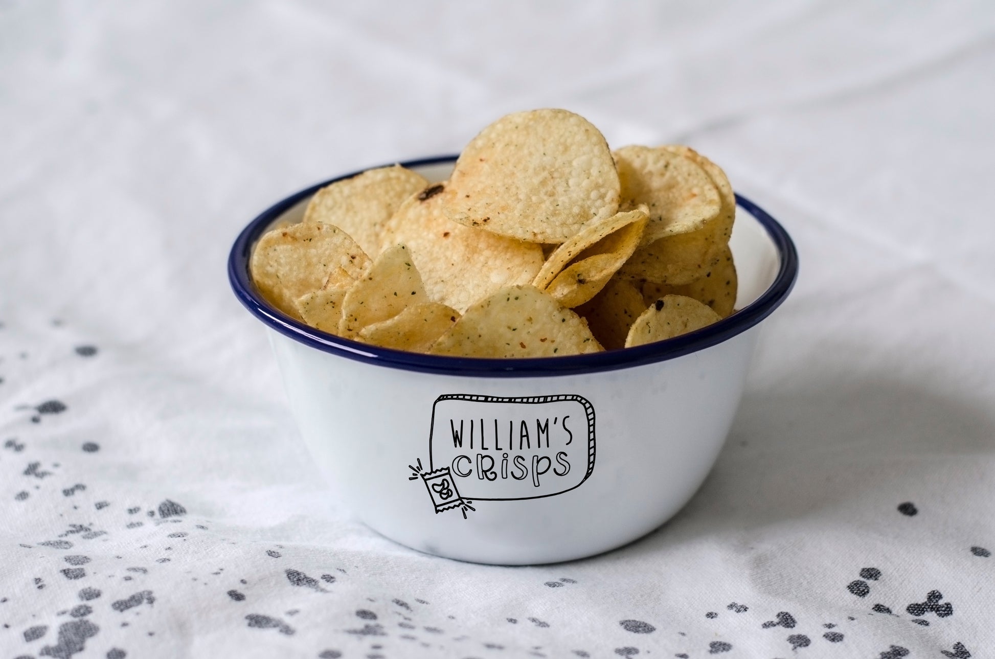 Personalised Crisps - Engraved Enamel Snack Bowl - One Mama One Shed