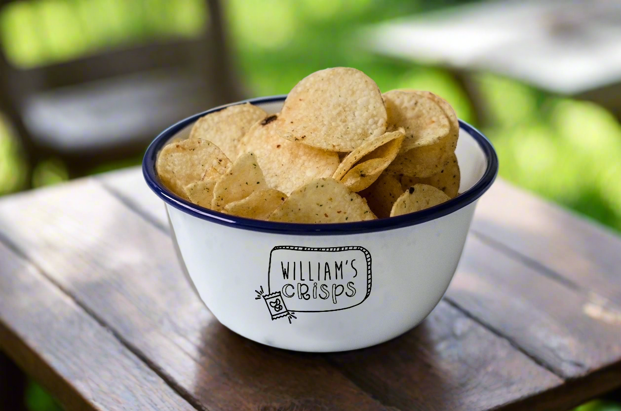 Personalised Crisps - Engraved Enamel Snack Bowl - One Mama One Shed