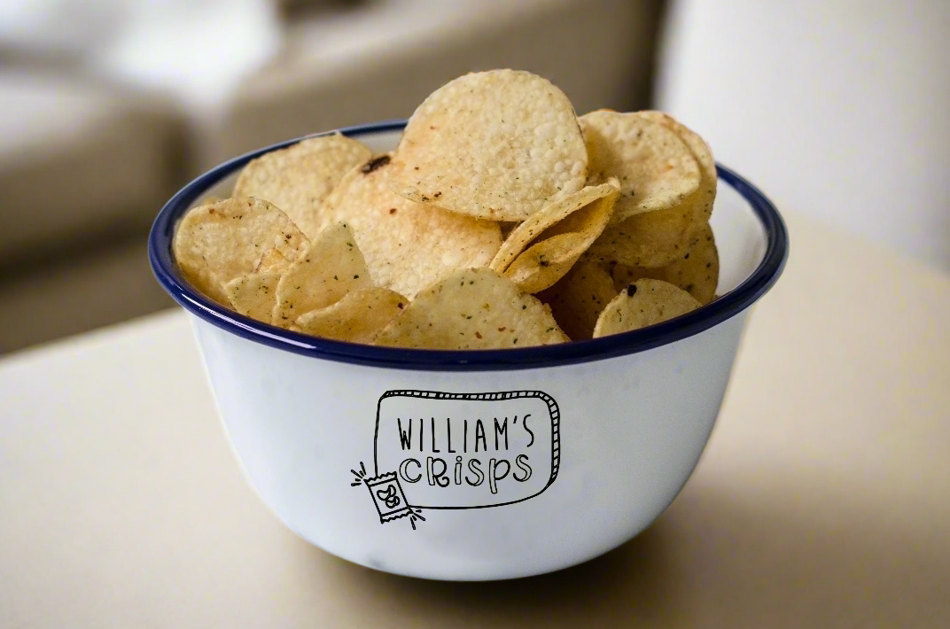 Personalised Crisps - Engraved Enamel Snack Bowl - One Mama One Shed