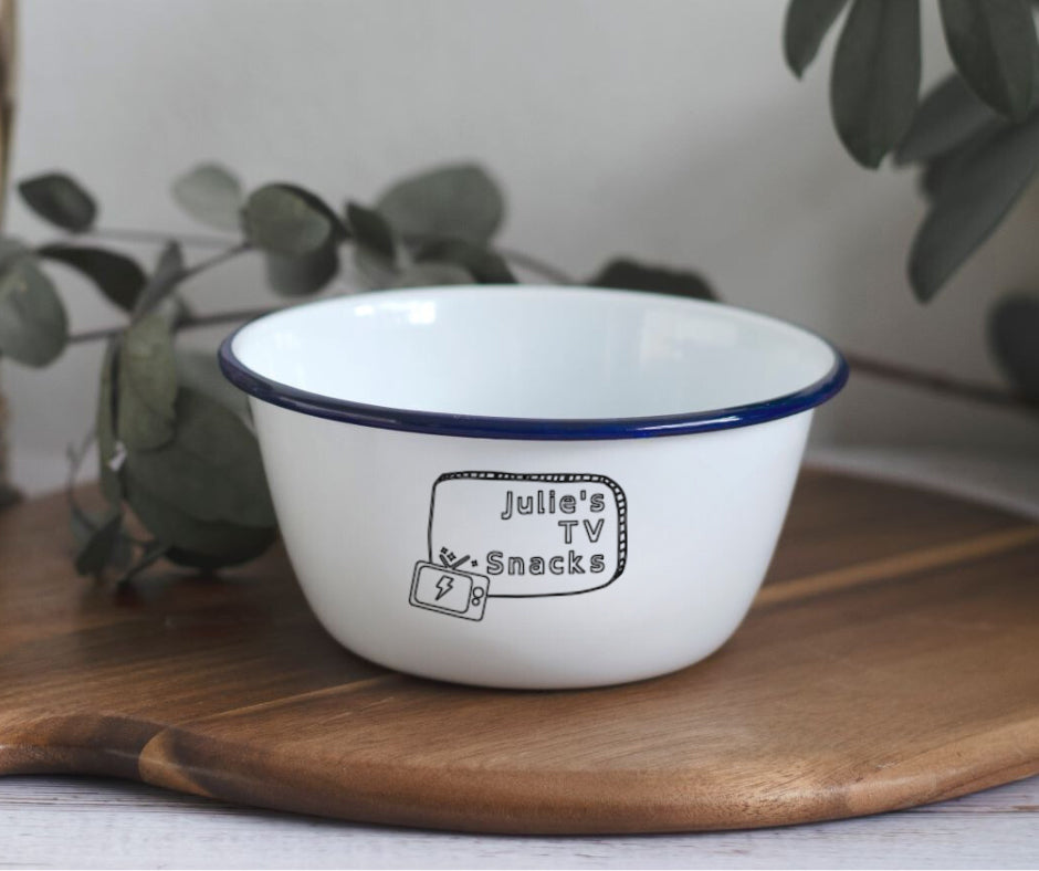 TV Snacks - Personalised Engraved Enamel Snack Bowl - One Mama One Shed