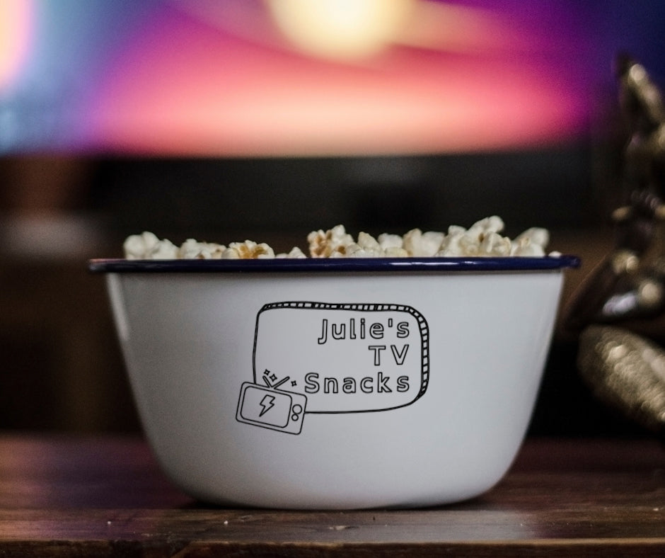TV Snacks - Personalised Engraved Enamel Snack Bowl - One Mama One Shed