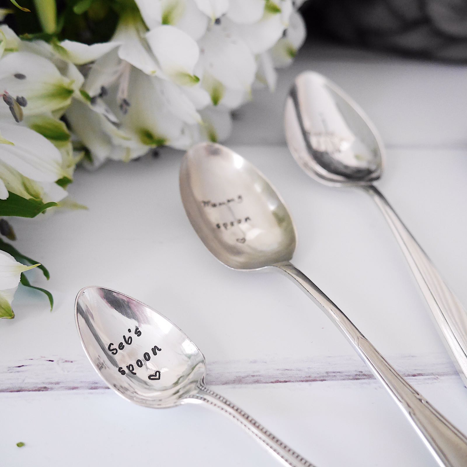 Daddy, Mummy and Baby - Hand Stamped Engraved Spoons - Vintage Trio of Spoons - One Mama One Shed