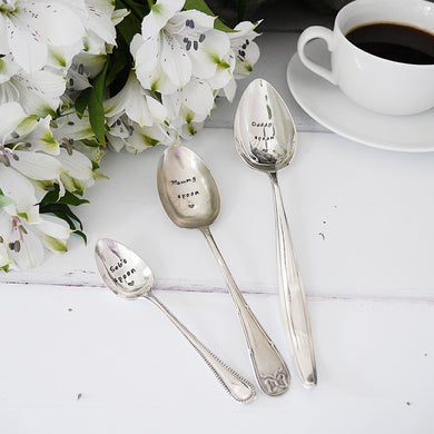 Daddy, Mummy and Baby - Hand Stamped Engraved Spoons - Vintage Trio of Spoons - One Mama One Shed