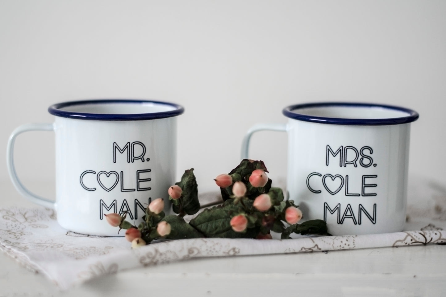 Mr and Mrs - Engraved Enamel Mugs - One Mama One Shed