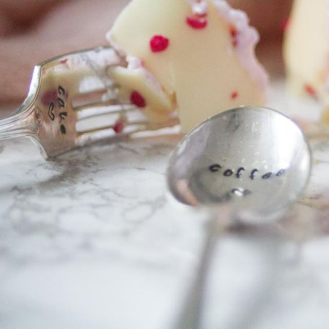 Coffee and Cake - Hand Stamped Vintage Coffee Spoon and Cake Fork - One Mama One Shed