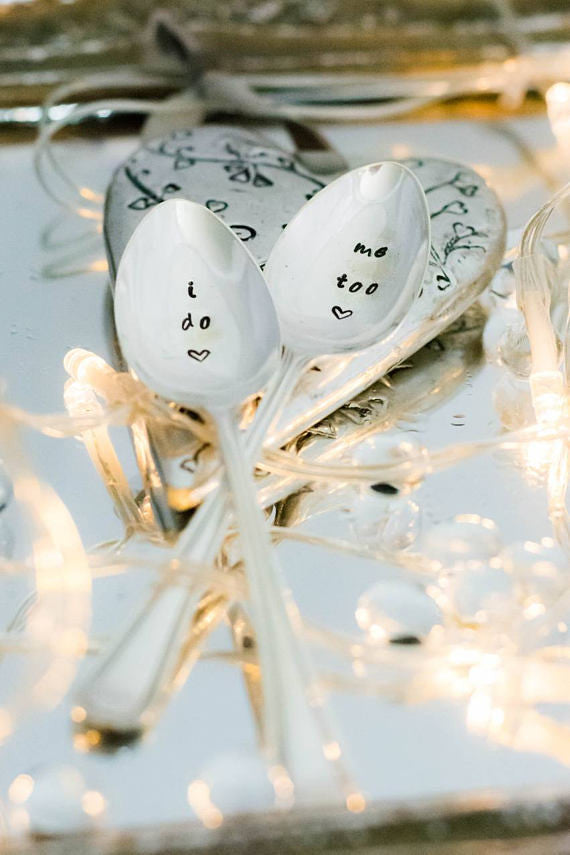 I do Me too - Hand Stamped Engraved Spoons - Vintage Tea Spoons - Wedding Gift for the Happy Couple - One Mama One Shed