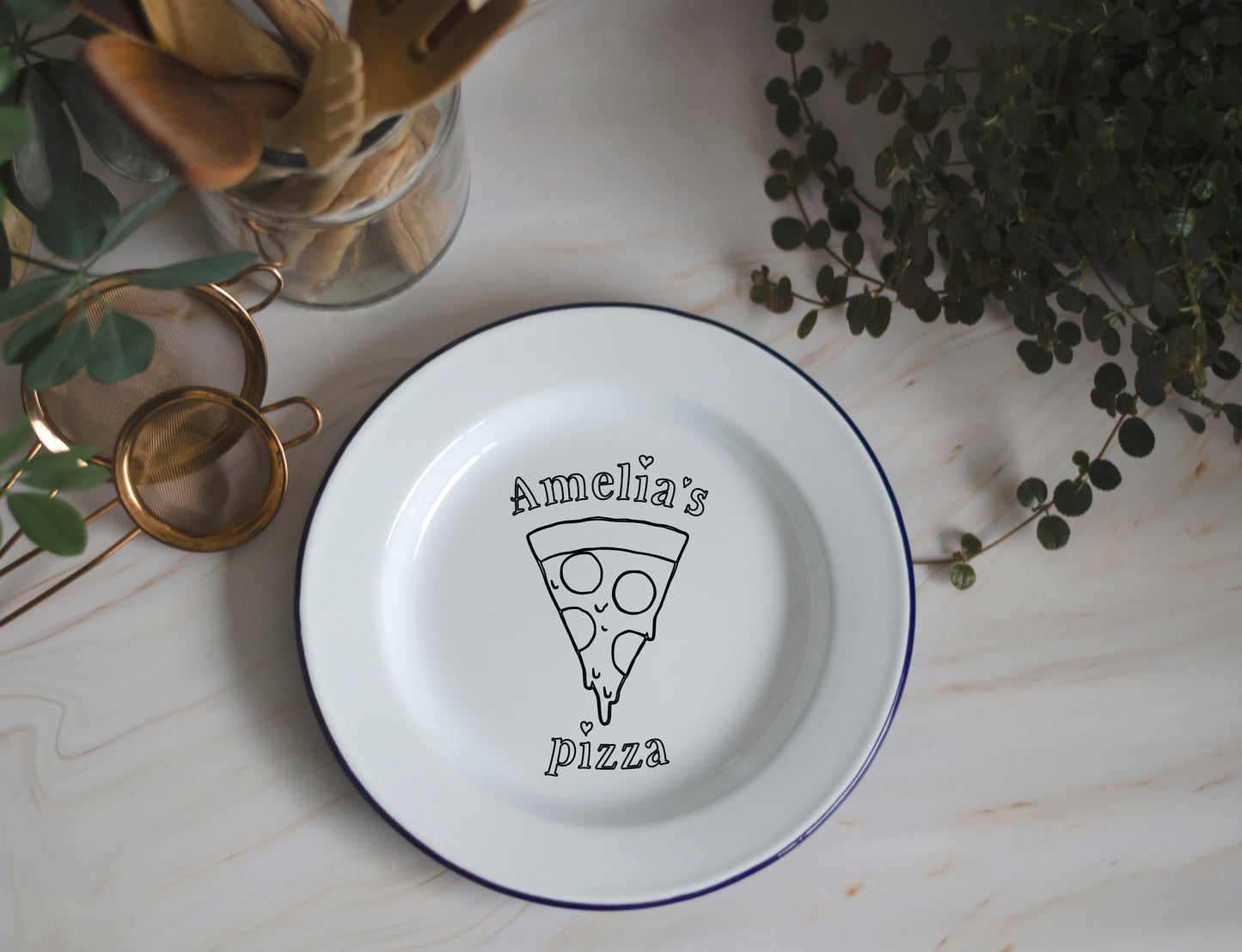 Pizza Plate - Engraved Enamel Plate - One Mama One Shed
