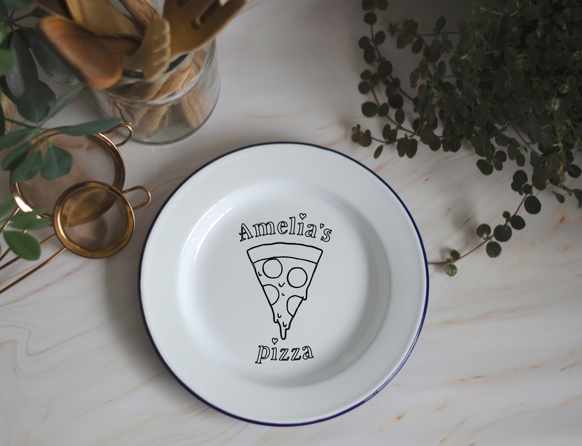 Pizza Plate - Engraved Enamel Plate - One Mama One Shed