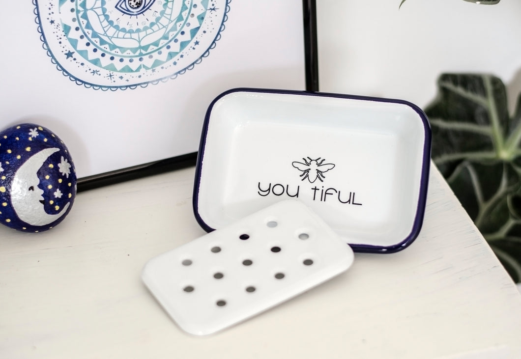Bee You Tiful - Engraved Enamel Soap Dish/Trinket Dish - One Mama One Shed
