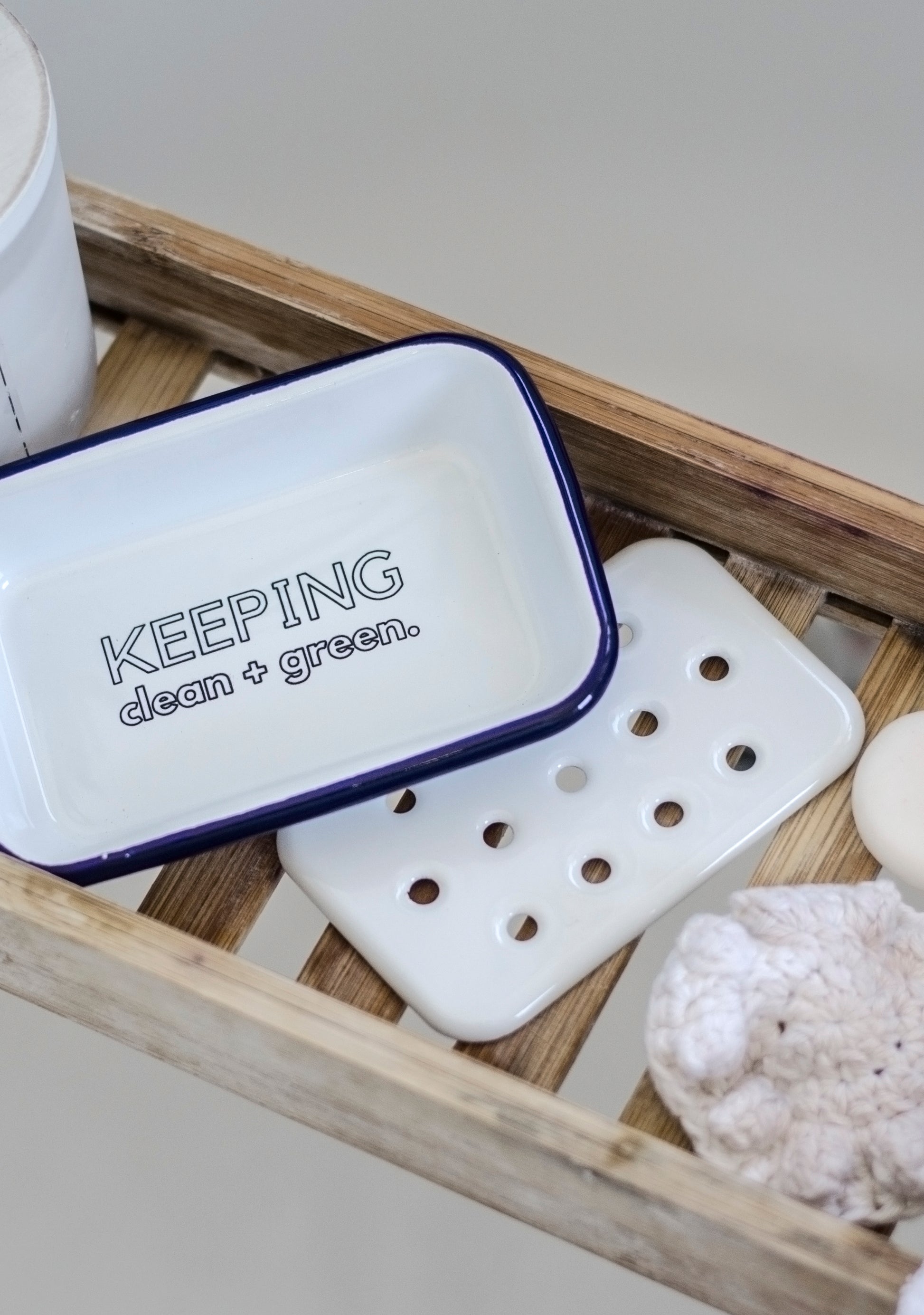 Keeping Clean + Green - Engraved Enamel Soap Dish - One Mama One Shed