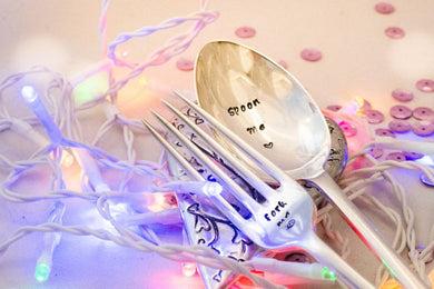 Spoon Me and Fork Me - Pair of Hand Stamped Engraved Spoon and Fork - Vintage Table Spoon - One Mama One Shed