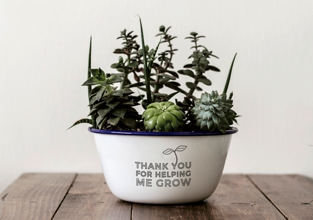 Thanks For Helping Me Grow - Engraved Enamel Planter - One Mama One Shed